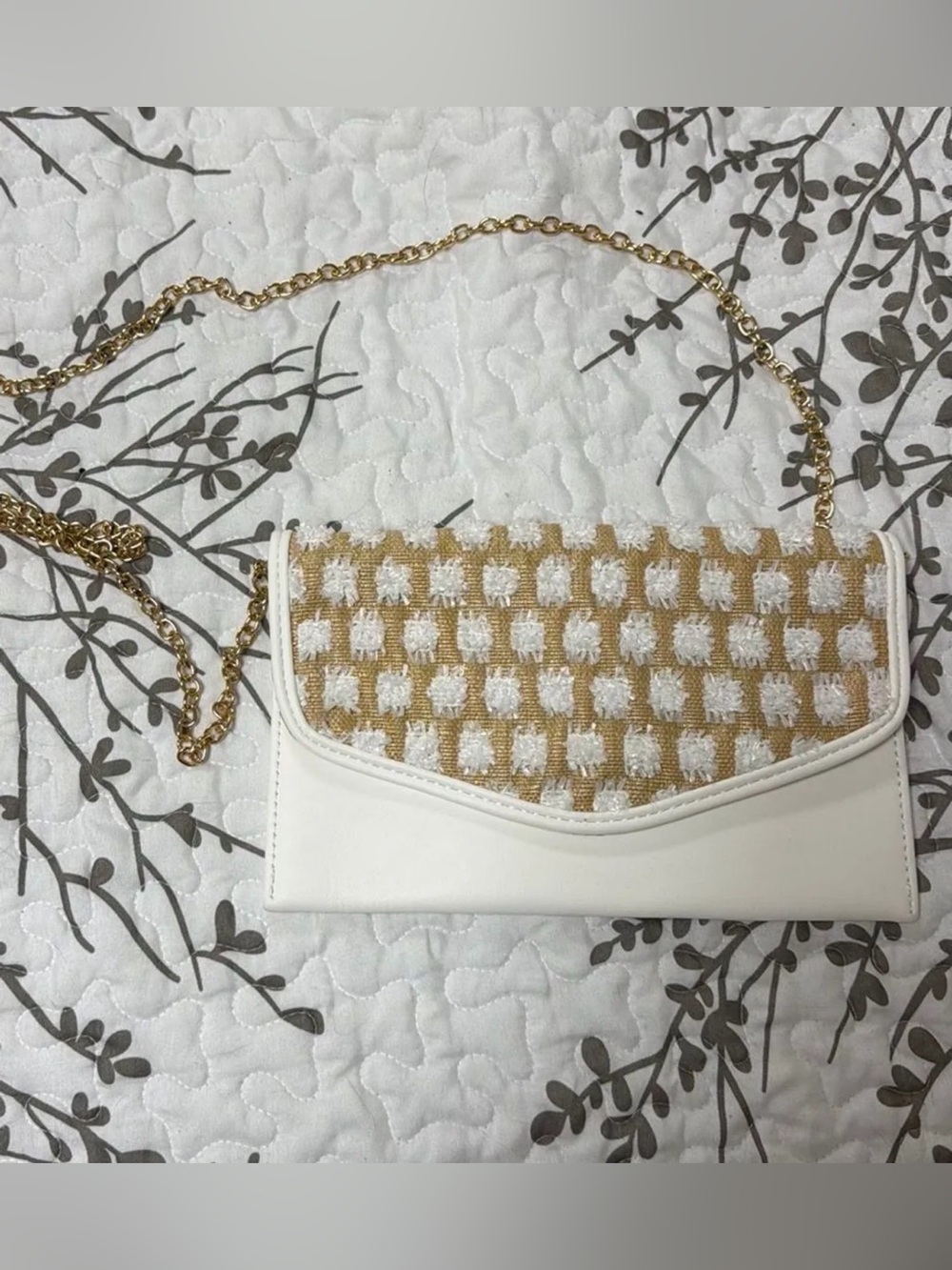 White and Gold Tweed Envelope Crossbody Bag